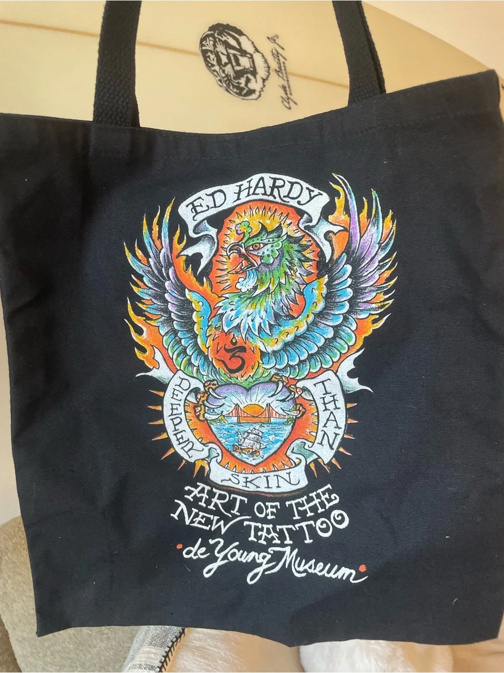 Ed Hardy Black Tote with Multicolor Phoenix Print